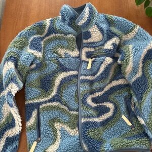 Patagonia Natural Blend Retro Cardigan Swirling Earth Thermal Blue Green XL.